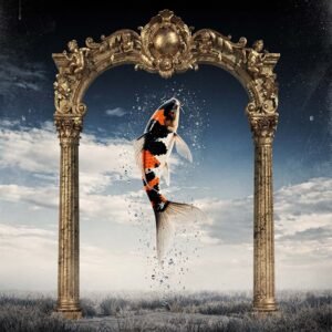 Affiche représentant un poisson koi dans un cadre doré