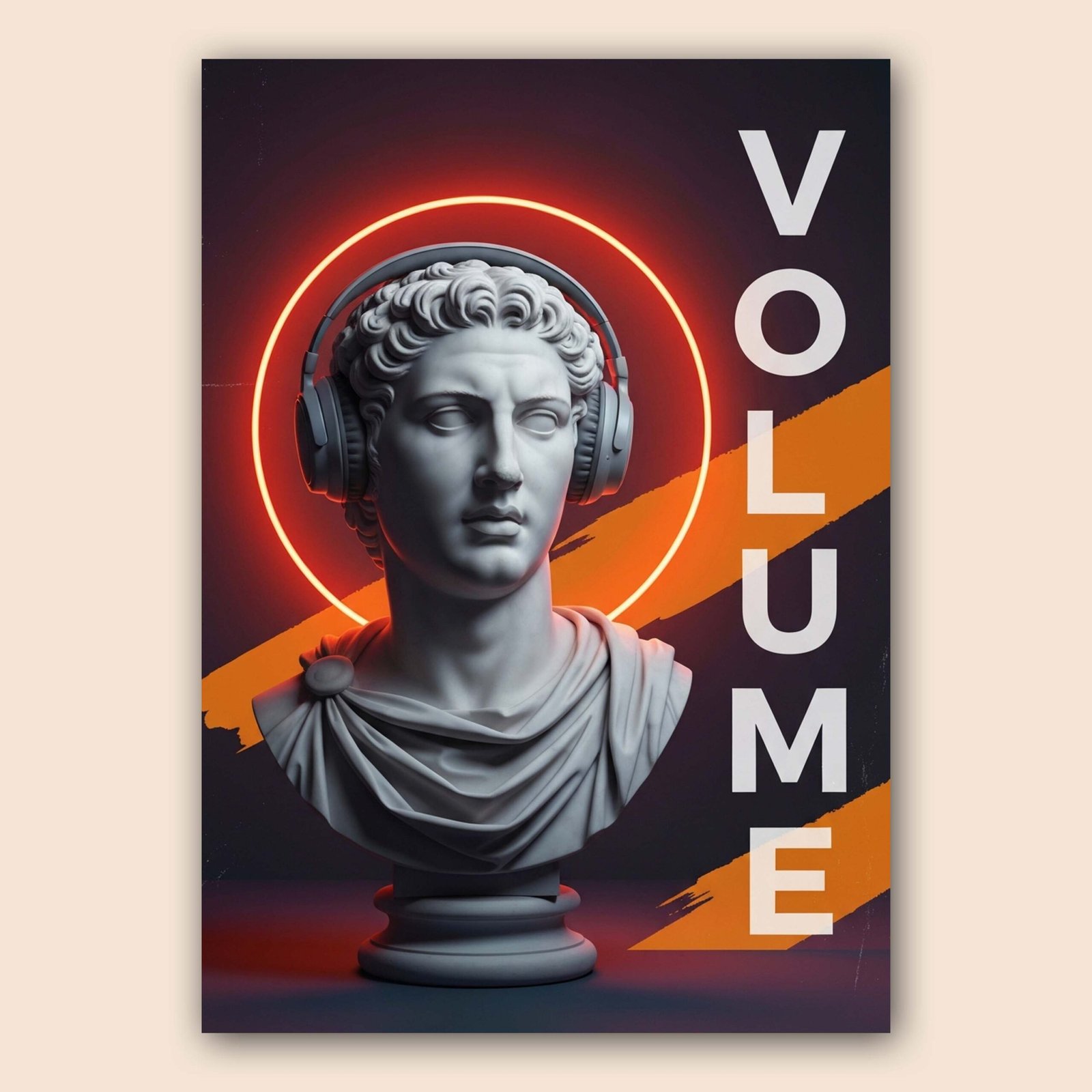 Affiche d'un buste antique avec écouteurs sur fond noir et orange