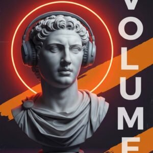 Affiche d'un buste antique avec écouteurs sur fond noir et orange
