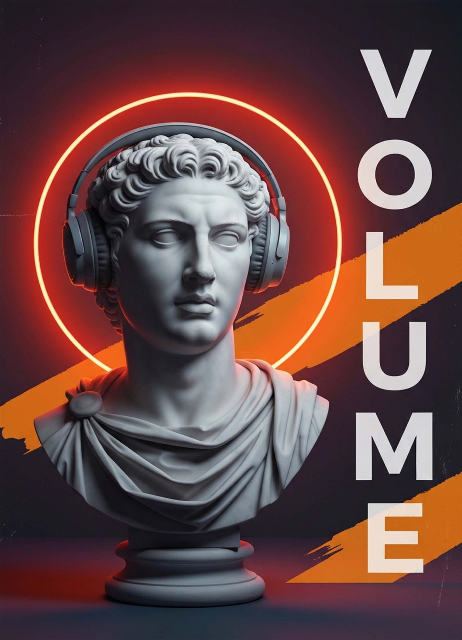 Affiche d'un buste antique avec écouteurs sur fond noir et orange