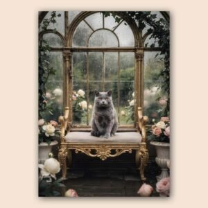 Affiche d'un chat gris dans un cadre romantique