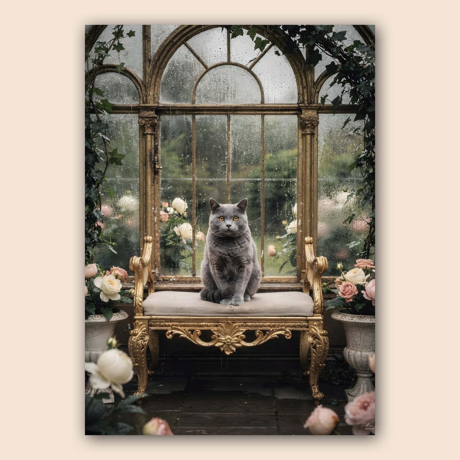 Affiche d'un chat gris dans un cadre romantique