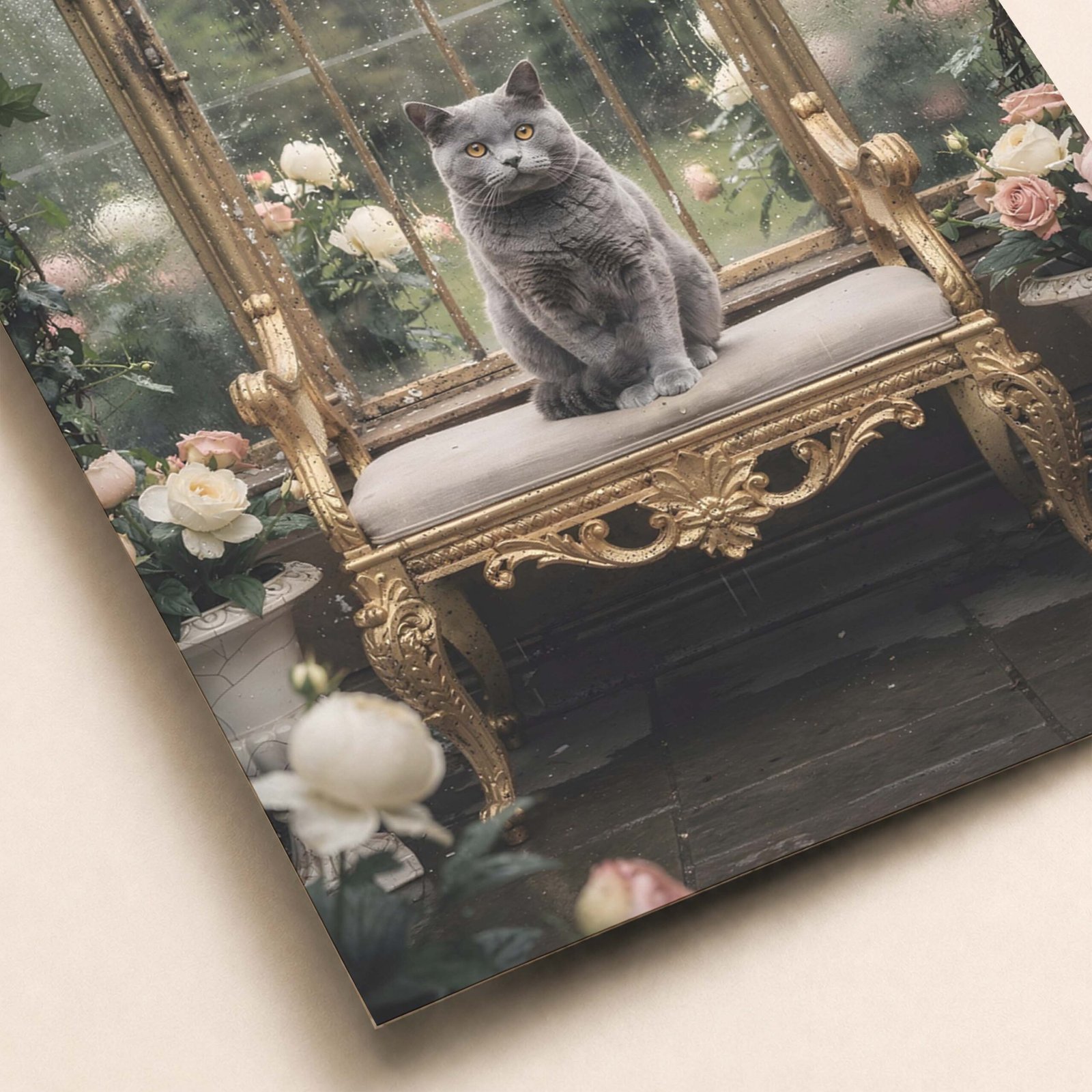 Affiche d'un chat gris dans un cadre romantique