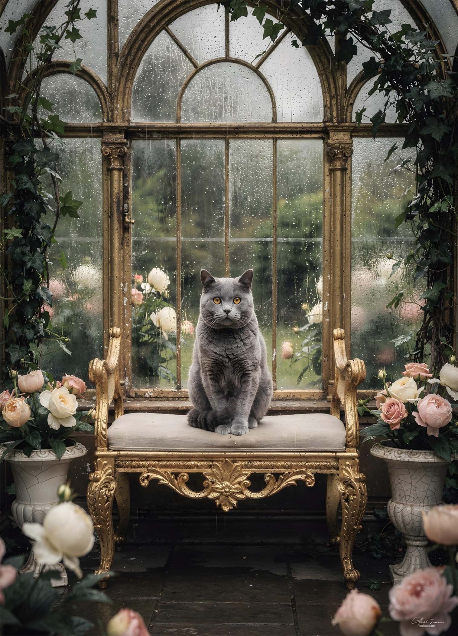 Affiche d'un chat gris dans un cadre romantique