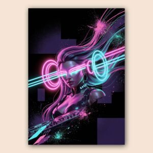 Affiche murale d'une femme futuriste avec des lumières néon