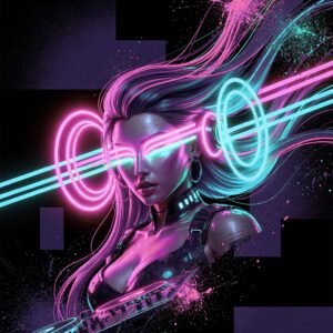 Affiche murale d'une femme futuriste avec des lumières néon