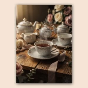 Affiche murale avec une tasse de thé et des fleurs