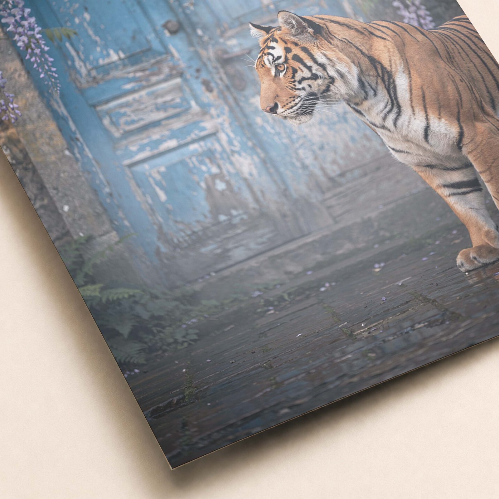 Affiche d'un tigre devant une porte bleue