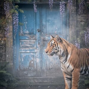 Affiche d'un tigre devant une porte bleue
