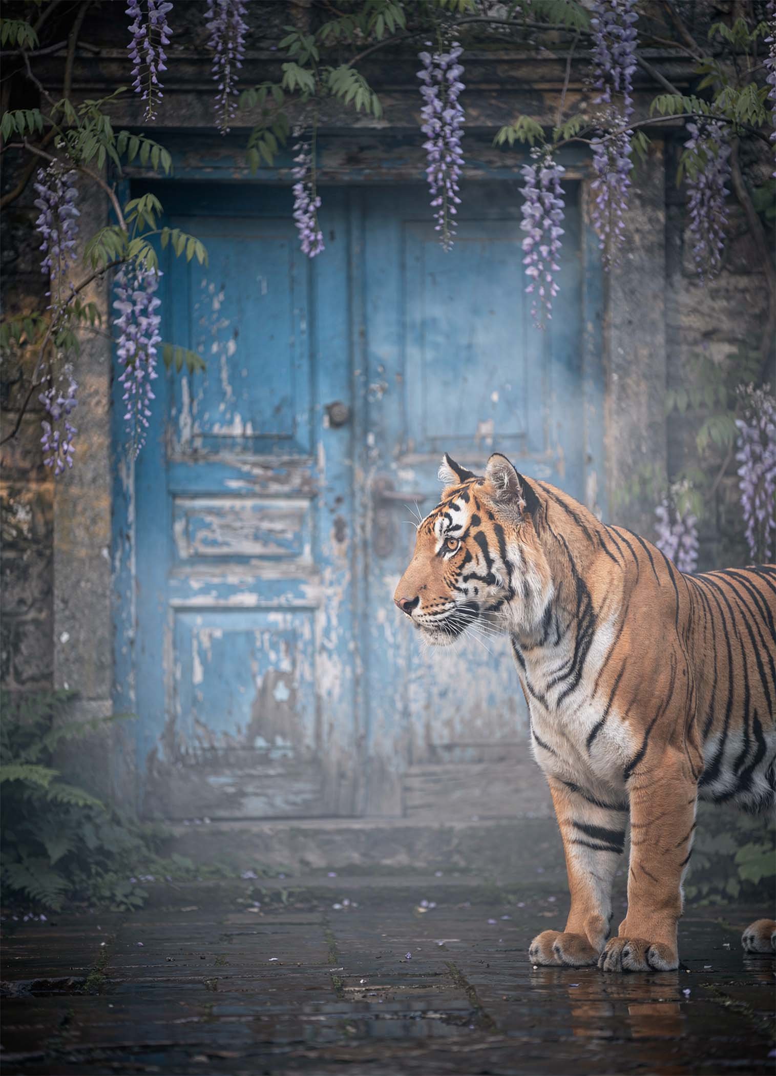Affiche d'un tigre devant une porte bleue