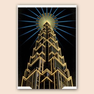 Affiche d'un gratte-ciel art déco illuminé