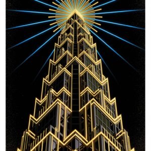 Affiche d'un gratte-ciel art déco illuminé