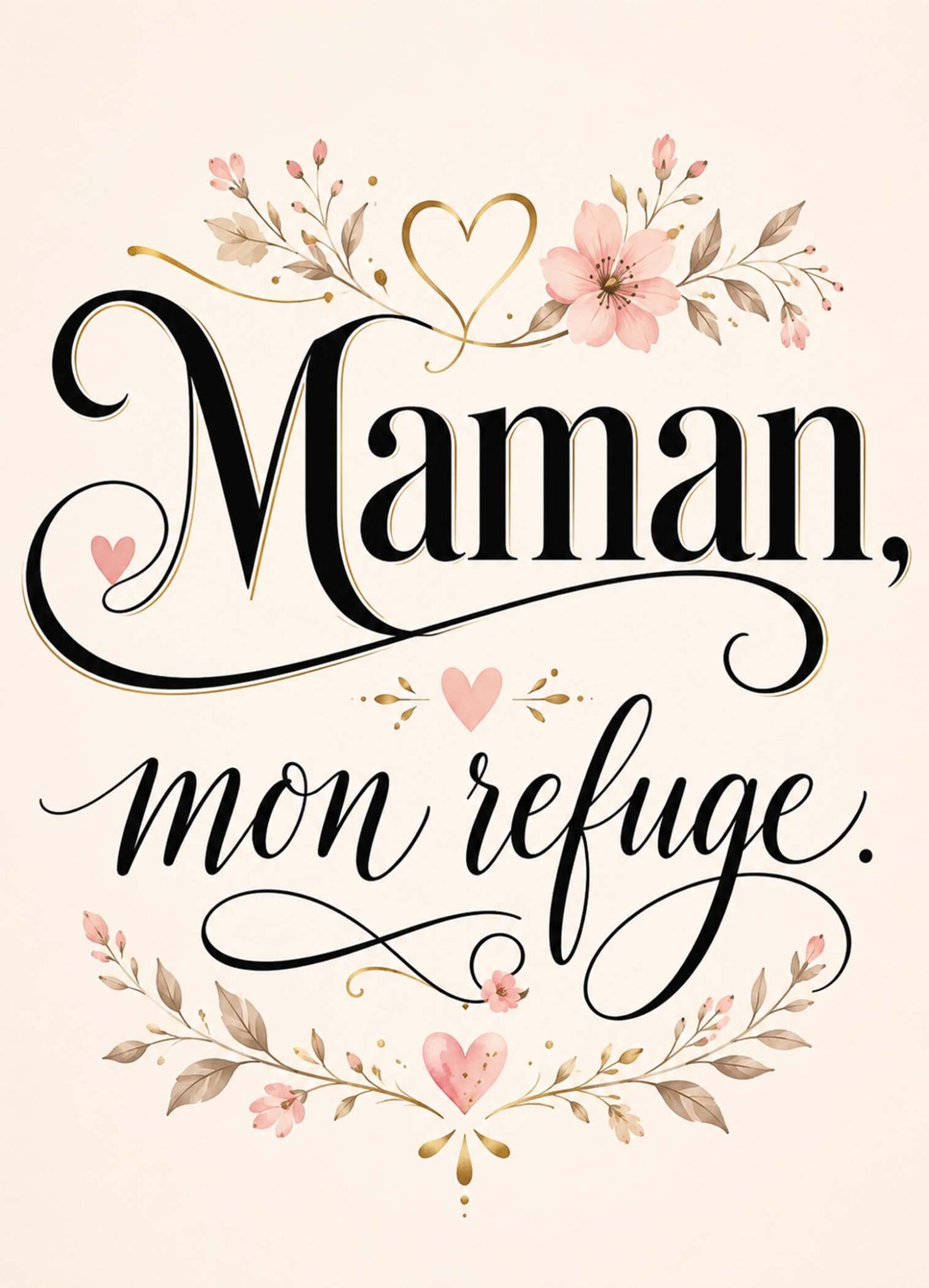 Affiche représentant les mots « Maman, mon refuge » entourés de branches, de fleurs roses et de petits cœurs