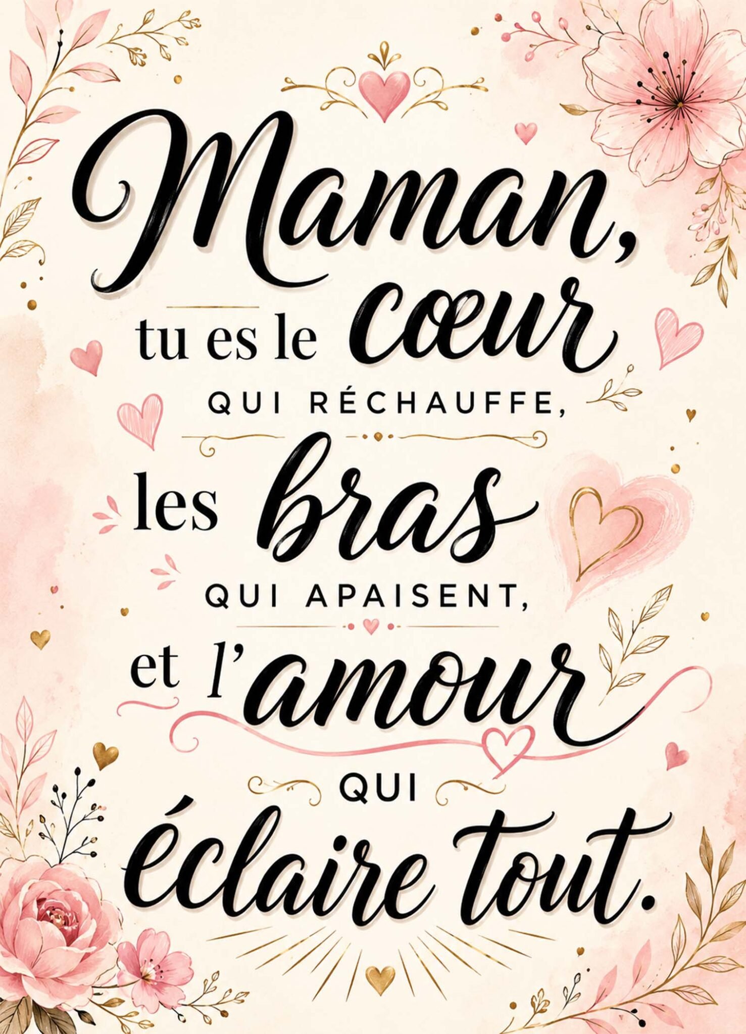 Affiche représentant les mots « Maman, tu es le cœur qui réchauffe, les bras qui apaisent et l'amour qui éclaire tout »