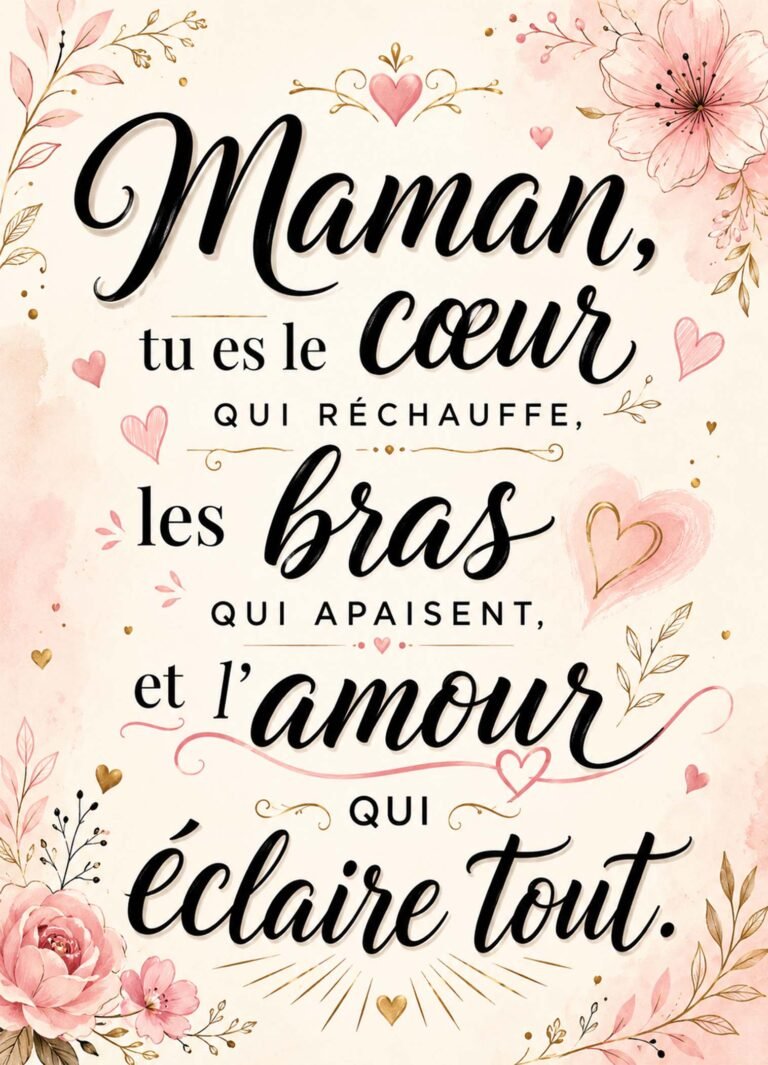Affiche représentant les mots « Maman, tu es le cœur qui réchauffe, les bras qui apaisent et l'amour qui éclaire tout »