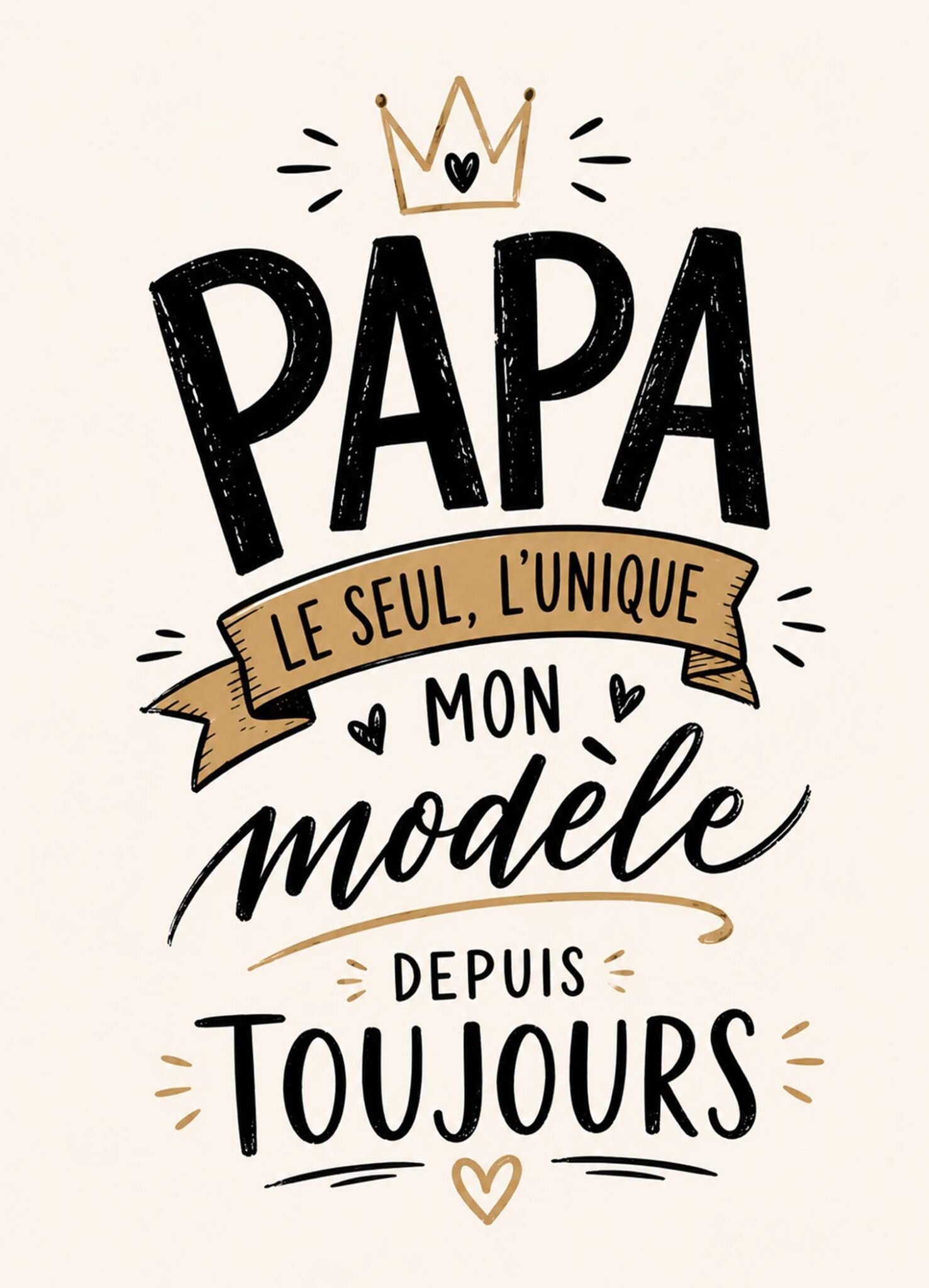 Affiche représentant les mots « Papa, le seul, l'unique, mon modèle depuis toujours » dans une composition rétro beige et noire