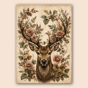 Affiche murale A3 d'un cerf avec des fleurs