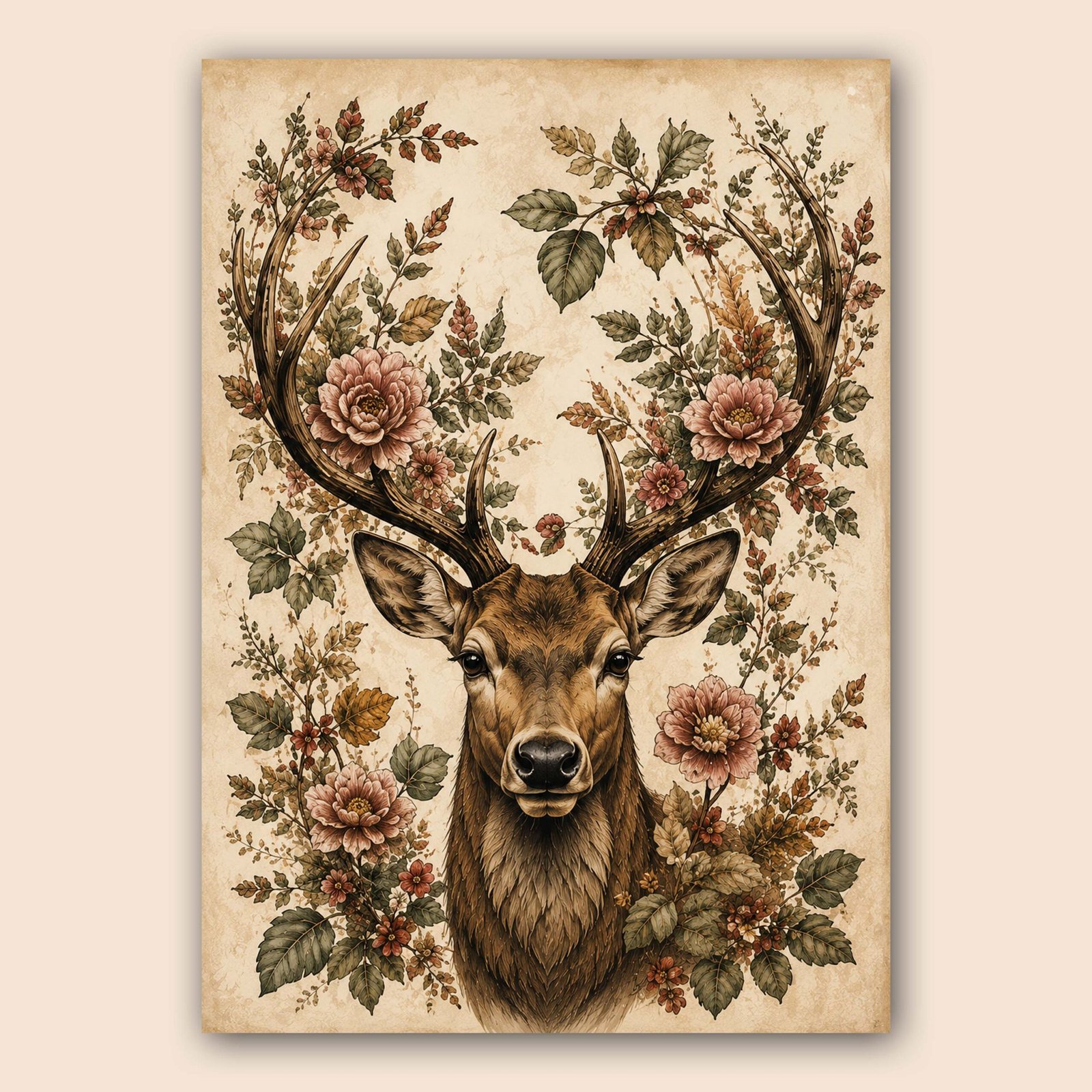 Affiche murale A3 d'un cerf avec des fleurs