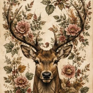 Illustration d'un cerf entouré de fleurs