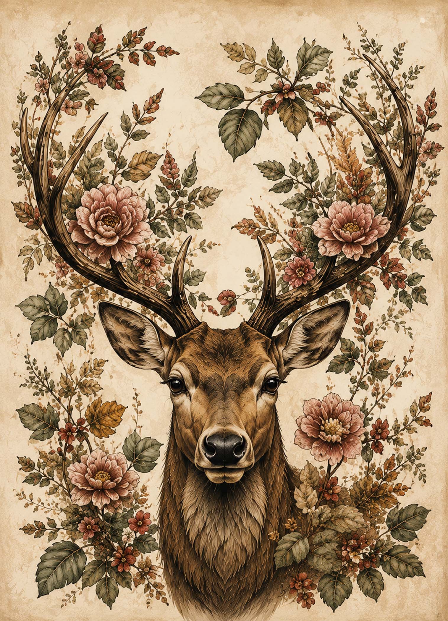 Illustration d'un cerf entouré de fleurs
