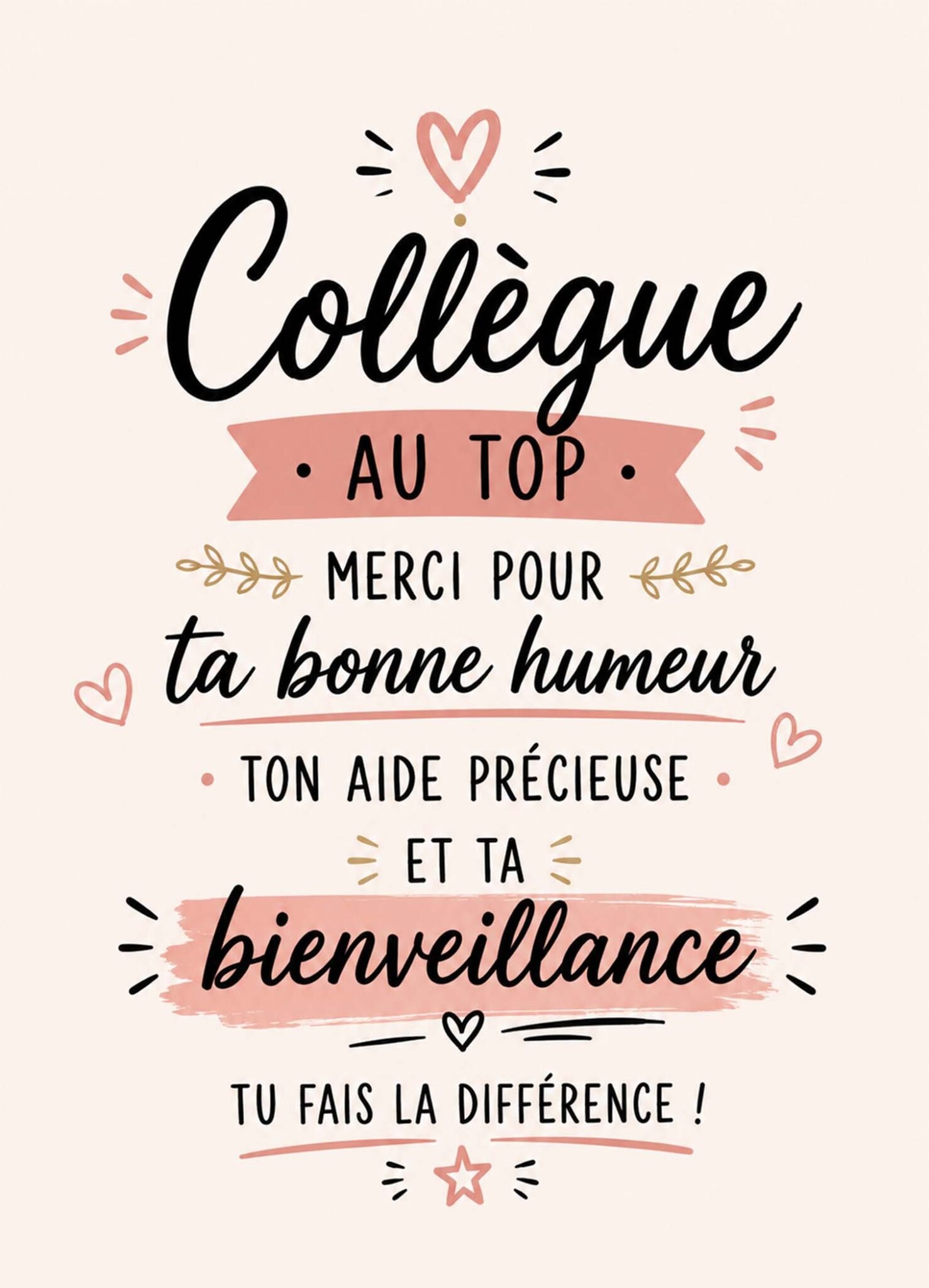 Affiche représentant les mots « Collègue au top, merci pour ta bonne humeur, ton aide précieuse et ta bienveillance »