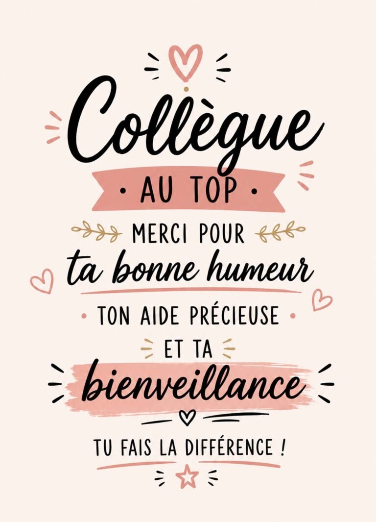 Affiche représentant les mots « Collègue au top, merci pour ta bonne humeur, ton aide précieuse et ta bienveillance »