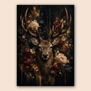 Affiche d'un cerf entouré de fleurs dorées