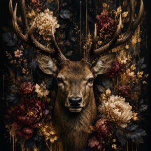 Affiche d'un cerf entouré de fleurs dorées