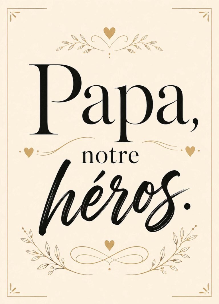 Affiche représentant les mots « Papa, notre héros » dans une grande composition typographique beige, noire et dorée