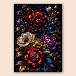 Affiche florale avec fleurs dorées sur fond sombre