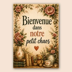 Affiche florale vintage avec texte bienvenue et décor chaleureux