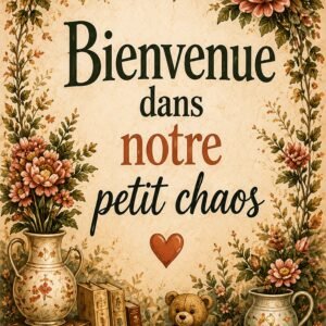 Affiche avec message bienvenue, fleurs vintage et ambiance maison de charme