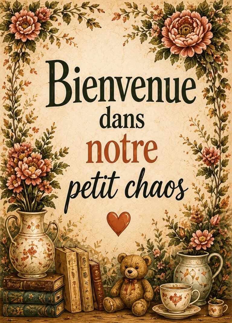 Affiche représentant une composition autour de bienvenue vintage et florale