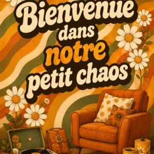 Affiche rétro orange avec marguerites et message Bienvenue dans notre petit chaos