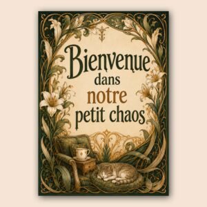 Affiche murale vintage avec fleurs décoratives et texte Bienvenue dans notre petit chaos