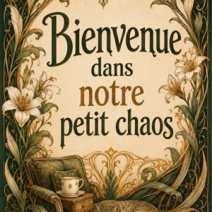 Affiche décorative avec texte Bienvenue dans notre petit chaos, ornements floraux vert et doré