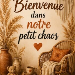 Affiche déco avec le texte Bienvenue dans notre petit chaos, ambiance terracotta et bohème