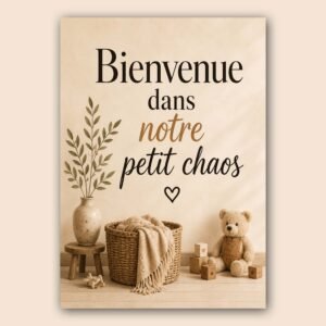 Affiche message d'accueil familial beige avec décoration douce