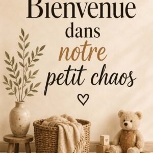 Affiche avec message d'accueil familial sur fond beige, déco douce et naturelle