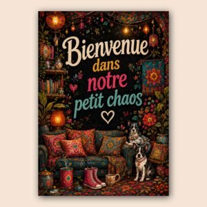 Affiche bohème colorée avec message d’accueil et décor floral