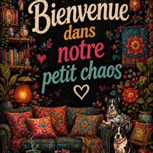Affiche décorative bohème colorée avec message d’accueil et deux chiens