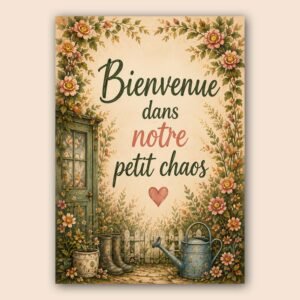 Affiche murale florale avec message Bienvenue dans notre petit chaos