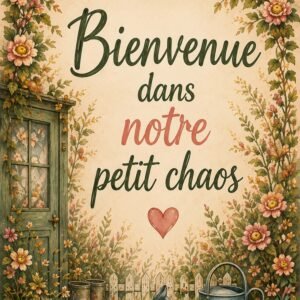 Affiche florale vintage avec le texte Bienvenue dans notre petit chaos