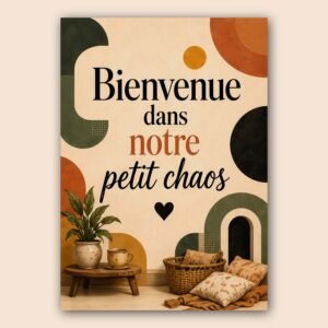 Affiche Bienvenue dans notre petit chaos avec décor abstrait et couleurs chaudes
