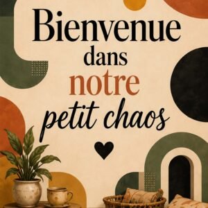 Affiche murale avec le texte Bienvenue dans notre petit chaos, formes abstraites terracotta, beige, vert olive et noir