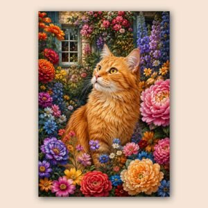 Affiche décorative avec chat roux et fleurs multicolores