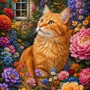 Chat roux au milieu de fleurs colorées dans une affiche décorative