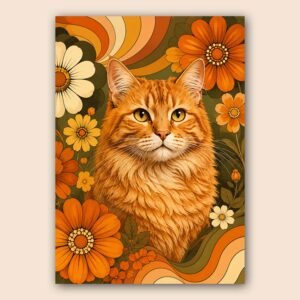 Affiche décorative avec chat roux au centre et fleurs rétro autour