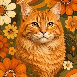 Chat roux entouré de grandes fleurs dans une illustration décorative aux tons orange et vert olive