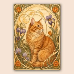 Affiche décorative avec chat roux et fleurs